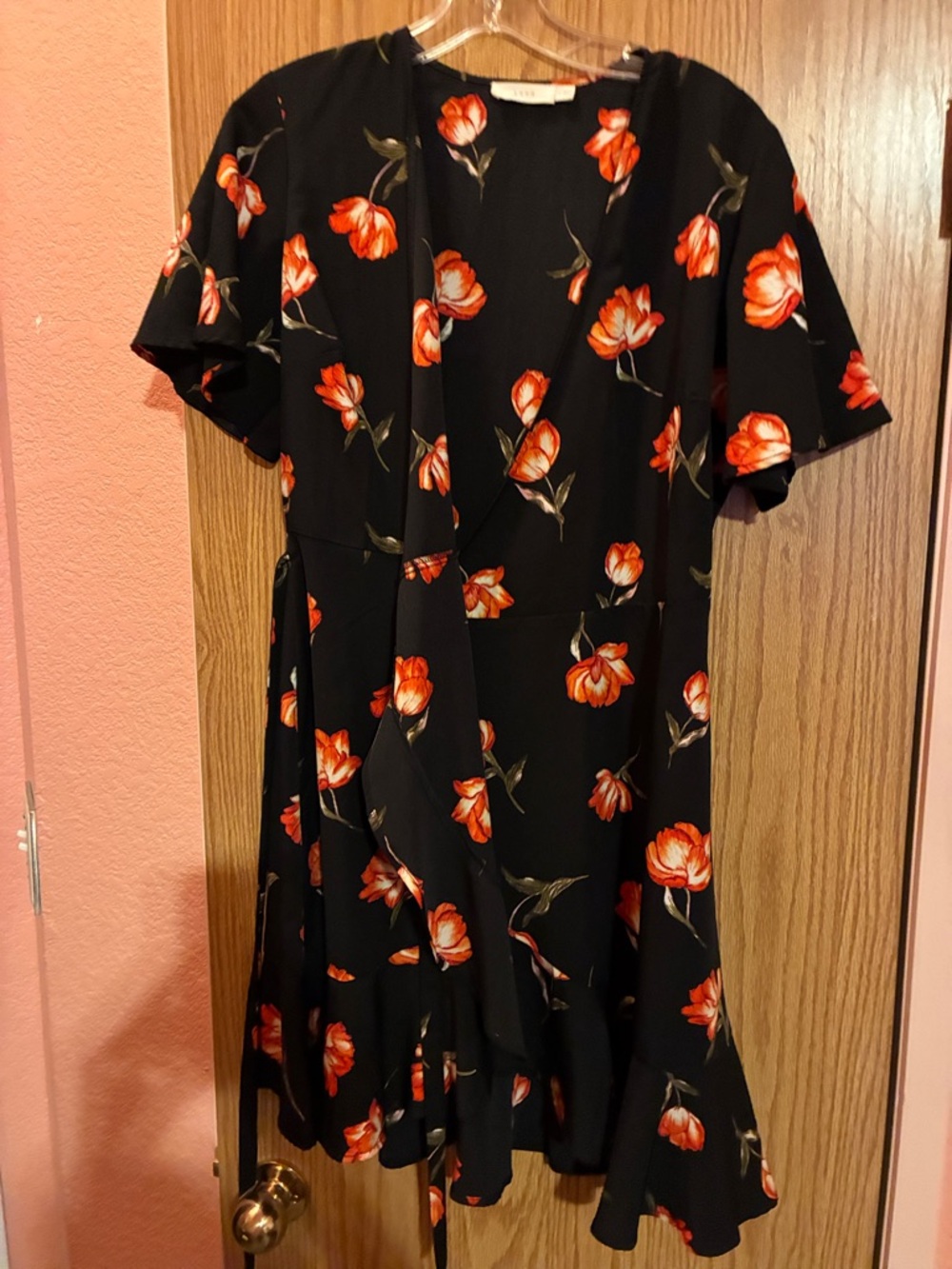 Lush Black Mini Wrap Dress with Red-Orange Floral Print